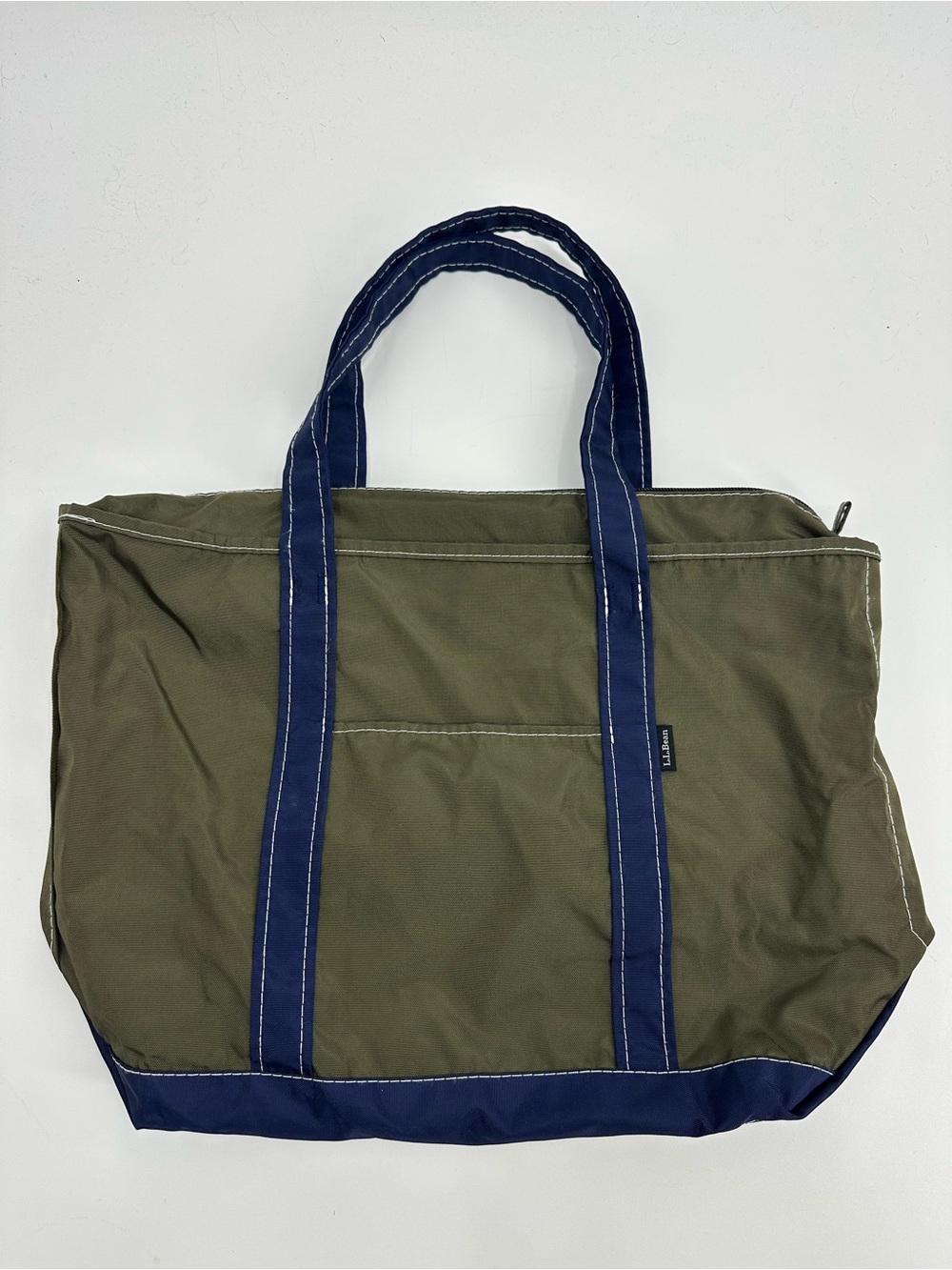 L.L. Bean Nylon Olive Green Duffel Tote with Navy Trim